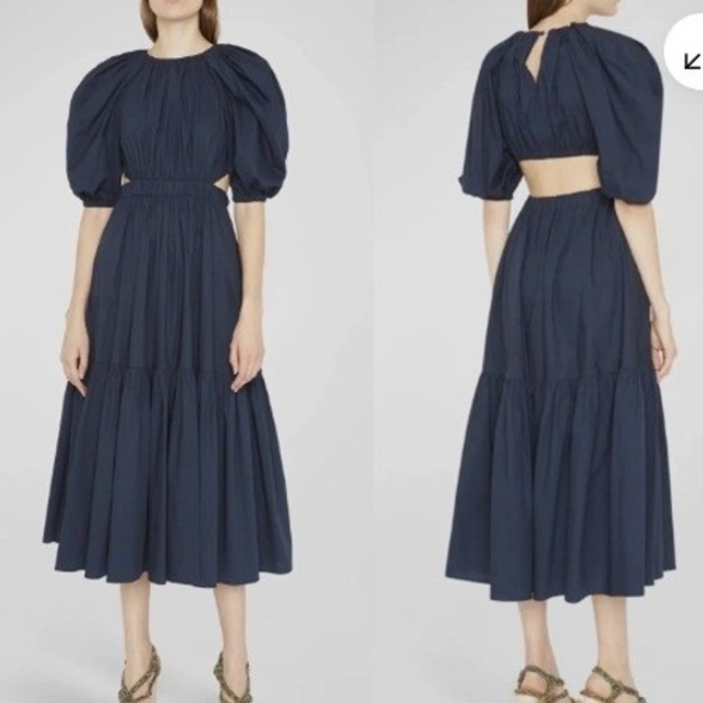 Ulla Johnson Claire Puff Sleeve Cotton Poplin Midi Dress Midnight Size 8